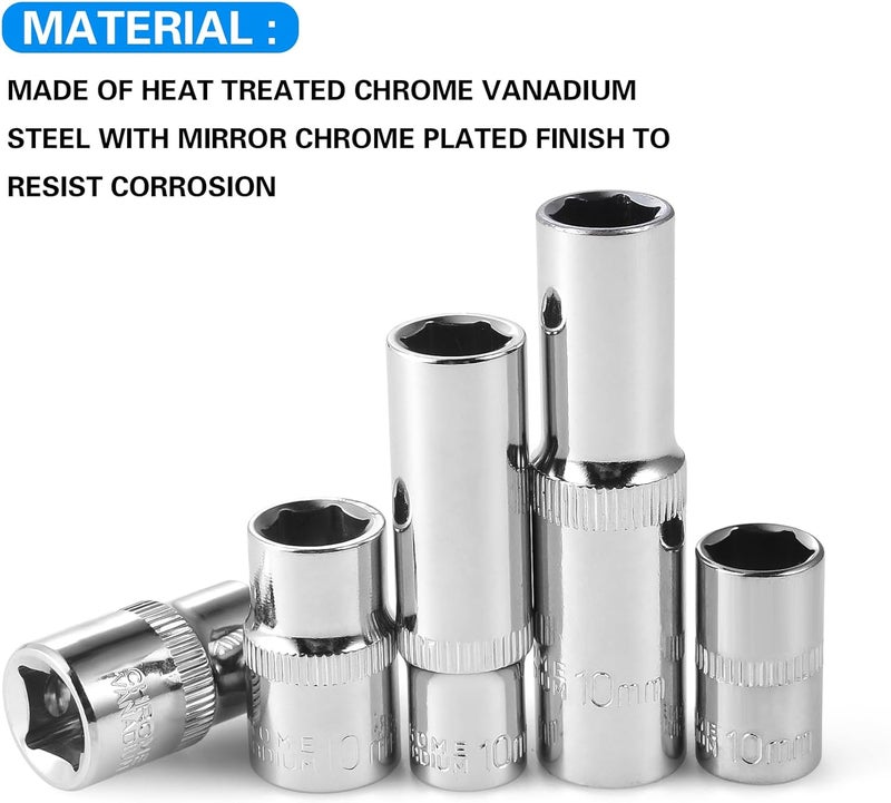 HouseUp [10-Piece] 10mm Socket Set, 1/4-Inch & 3/8-Inch Drive Impact Socket, 6-Point & 12-Point, Deep and Shallow, Mirror Chrome Finish - Image 3